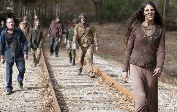 Picture metal, zombies, railroad, The walking dead, many makeup