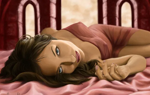 Picture girl, art, pink, bed, fabric, lying