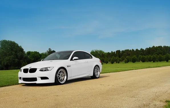 Picture white, the sky, trees, bmw, BMW, coupe, white, primer
