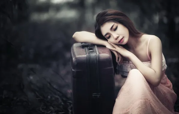 Girl, suitcase, Asian
