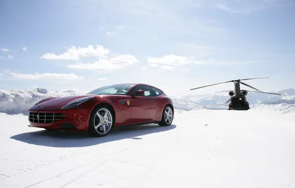Snow, helicopter, Ferrari, red, Snow, hatchback, helicoter