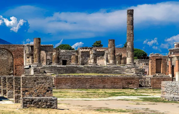 Picture the sky, the city, Italy, temple, ruins, column, Pompeii