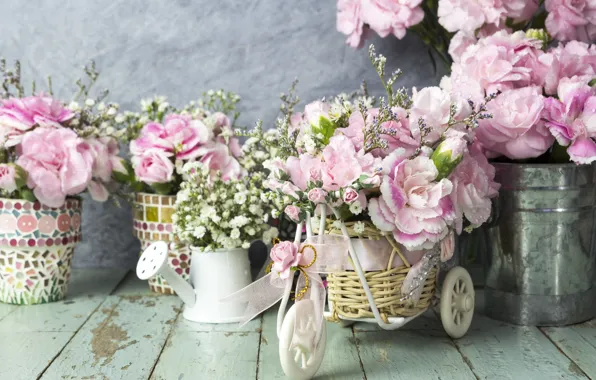 Flowers, petals, bucket, pink, vintage, wood, pink, flowers