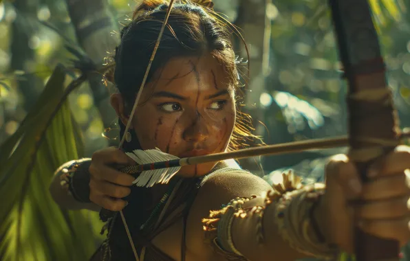 Girl, Look, Warrior, Bow, Maya, Jungle, Arrow, Digital art