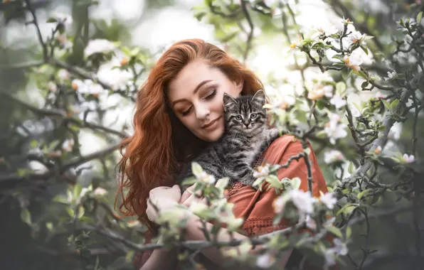 Girl, pose, garden, red, kitty, flowering, Natalie Gross