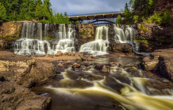 Picture the sun, trees, bridge, stones, waterfall, USA, river, Minneopa State Park