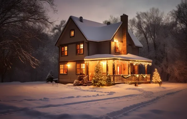 Winter, snow, night, lights, tree, New Year, Christmas, house