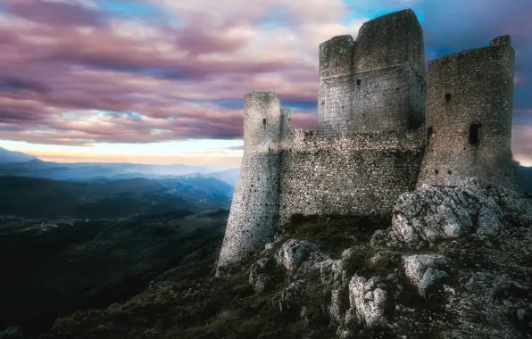 The sky, clouds, mountains, old, fog, stones, castle, hills