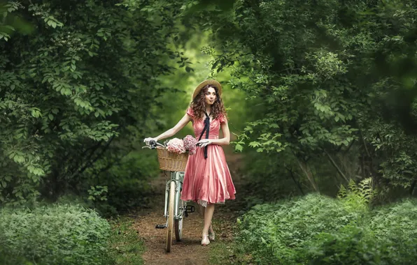 Girl, flowers, nature, bike, mood, basket, dress, gloves