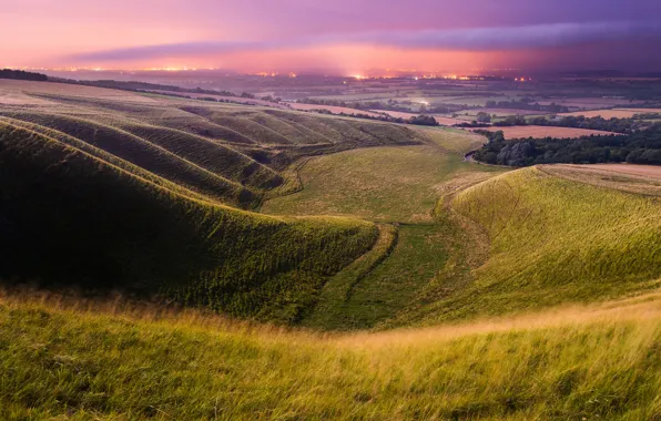 Picture summer, the sky, lights, field, England, the evening, valley, UK