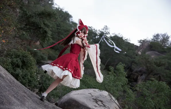 Trees, dance, Asian, gesture, stroke, in full growth, cosplay, burgundy dress