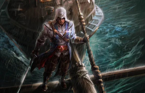 Picture rain, ship, beams, hood, guy, saber, fan art, Assassin‘s Creed