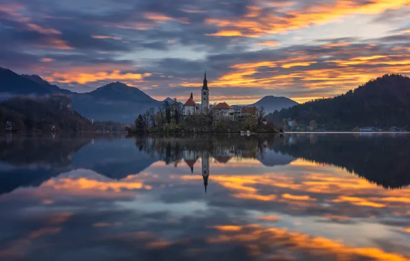 Mountains, lake, reflection, dawn, island, morning, Slovenia, Lake Bled