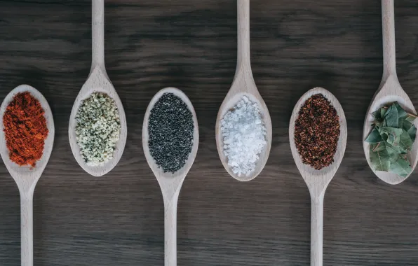 Grey background, different, spices, spoon, seasoning