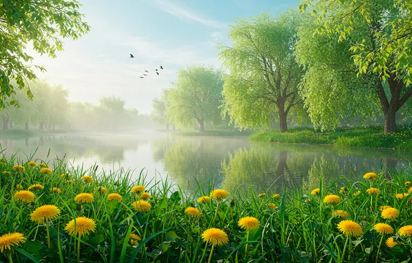 The sky, grass, water, pond, serenity, spring, haze, grass
