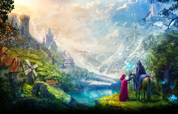 Mountains, Dragon, Mill, Castle, Clouds, Horse, Magic, Staff