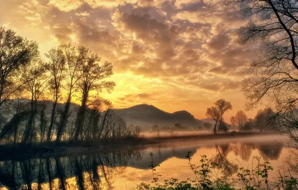 Picture sunset, fog, river