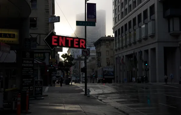 USA, United States, sign, California, morning, San Francisco, street, flags