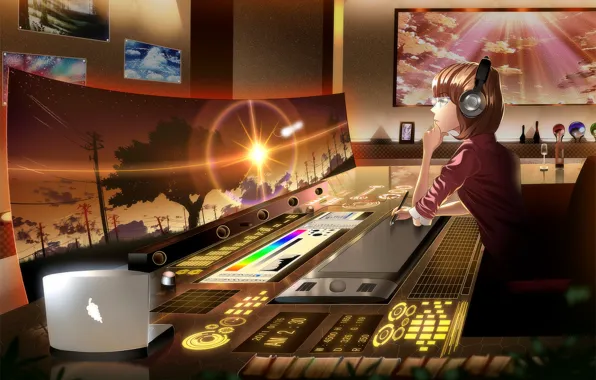 Girl, sunset, anime, headphones, screen, skyt2