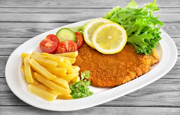 Greens, table, lemon, Board, plate, meat, vegetables, tomatoes