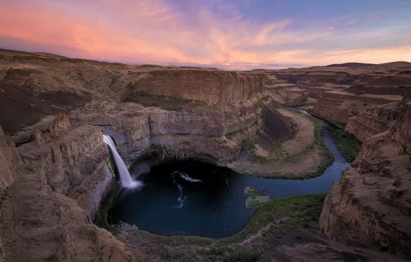 Picture river, dawn, waterfall, morning, canyon