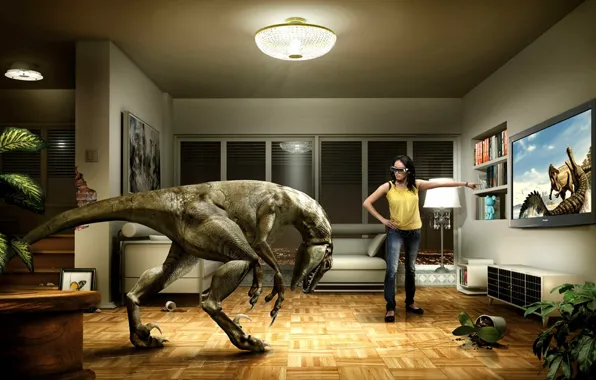 Picture girl, photo, room, dinosaur, humor, TV