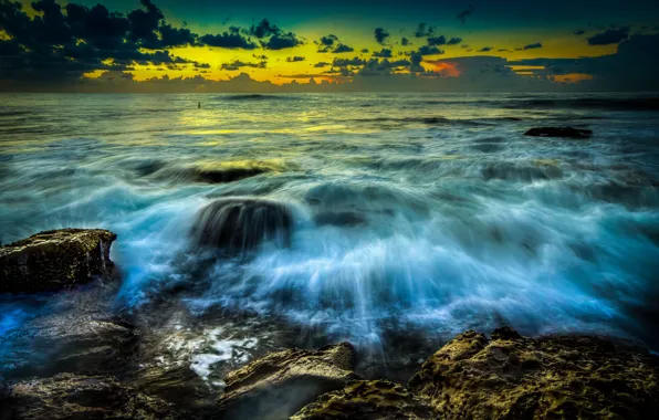 Picture wave, the sky, clouds, stones, shore, horizon, Australia, Newcastle