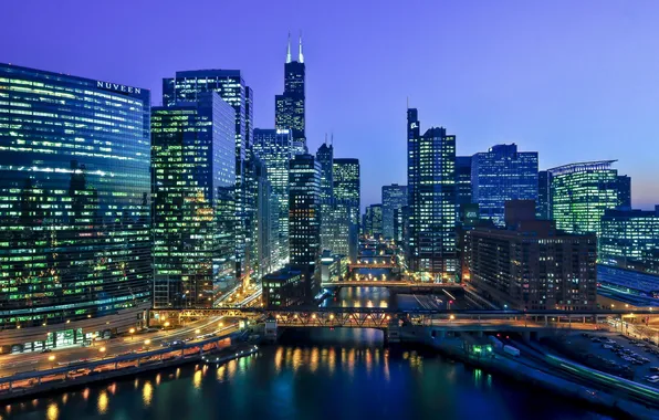 Night, bridge, river, skyscrapers, the evening, Chicago