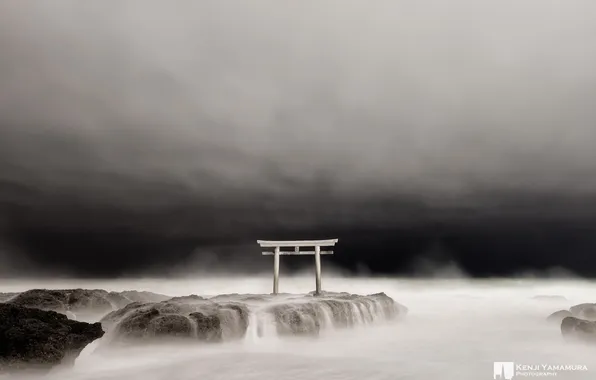 Night, stones, surf, photographer, torii, Kenji Yamamura, coast
