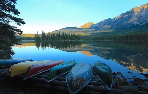 Landscape, mountains, lake, boats