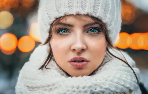 Picture winter, eyes, look, girl, hat, portrait, scarf, cold