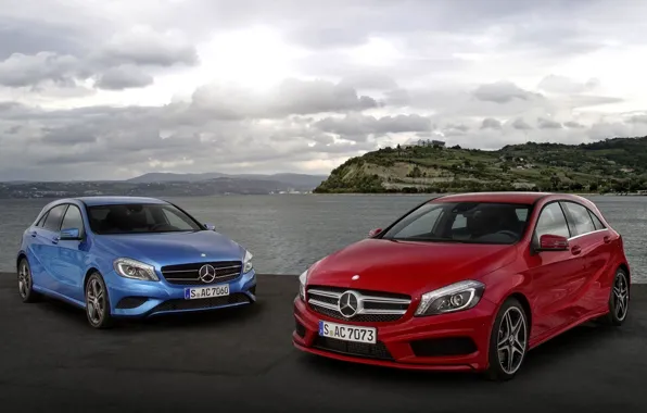 The sky, blue, red, shore, Mercedes-Benz, Mercedes, the front, hatchback