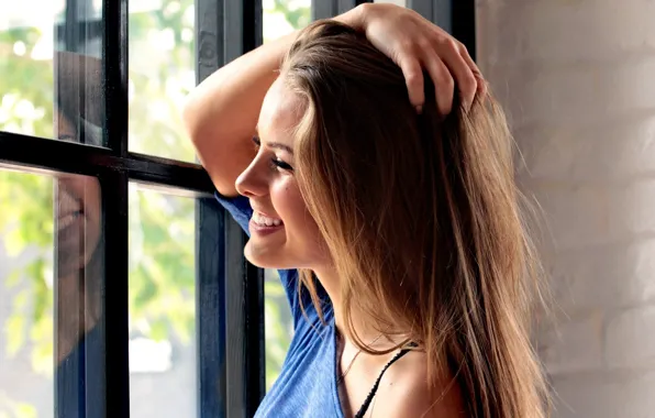 Picture glass, girl, pose, smile, reflection, background, mood, model