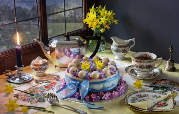Picture flowers, tea, candle, bouquet, kettle, plate, Easter, the tea party