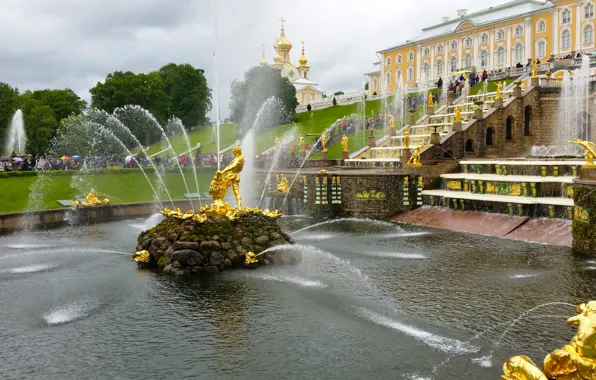 Summer, fountains, Palace, sculpture, tourists, Peterhof