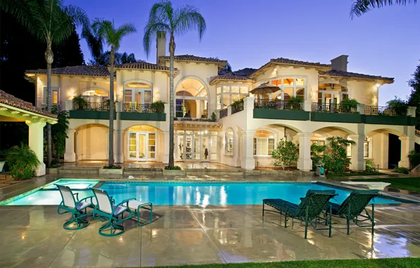 Picture palm trees, the evening, pool, architecture, terrace, ranch, santa fe, rancho