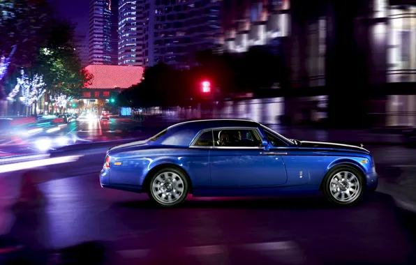 Picture Auto, Road, Night, Blue, The city, Rolls-Royce, Phantom, Machine