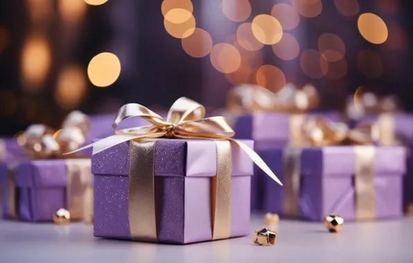 Lights, Christmas, gifts, New year, bows, gold, lilac, box