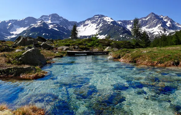 Mountains, Switzerland, Alps, River