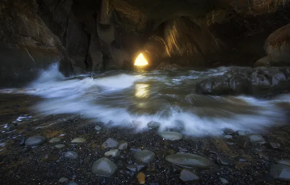 Sea, light, stones, rocks, shore, surf, arch, cave