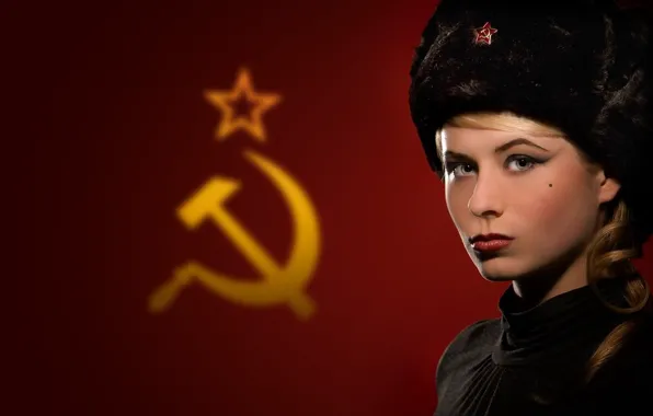 Picture girl, flag, USSR, hat