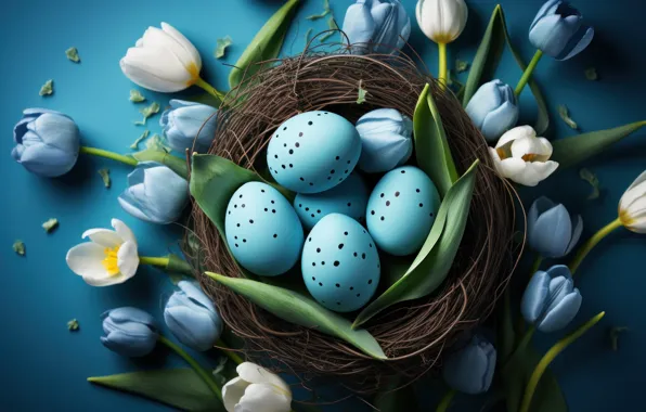 Flowers, holiday, eggs, spring, blue, Easter, socket, bokeh