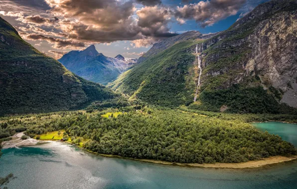 Clouds, mountains, lake, valley, Norway, panorama, Norway, Sogn og Fjordane