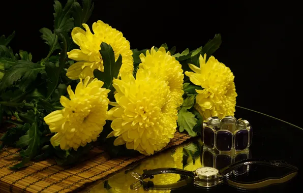 Still life, chrysanthemum, yellow on black
