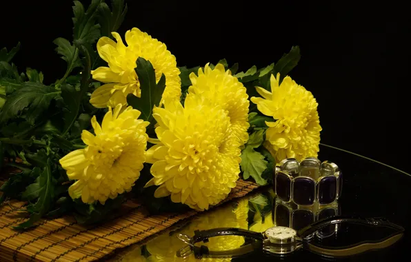 Picture still life, chrysanthemum, yellow on black