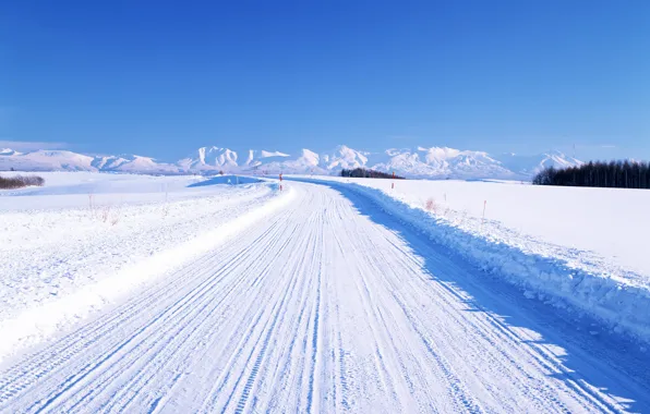 Winter, road, mountains, horizon