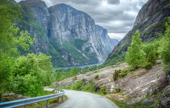 Road, the sky, clouds, trees, mountains, lake, highway