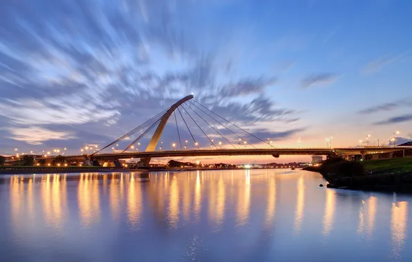 Picture the sky, clouds, sunset, bridge, the city, lights, the evening, lights