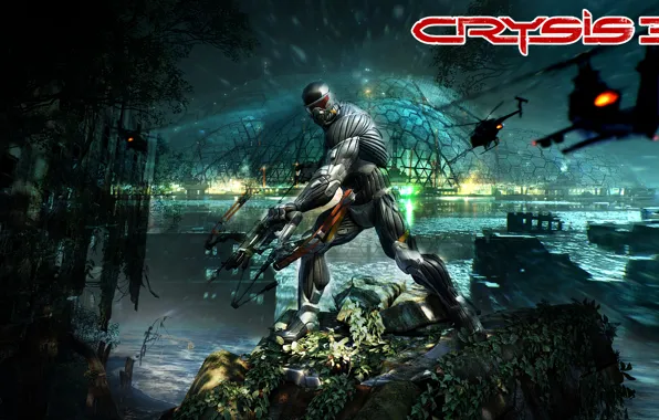 Picture the city, bow, jungle, helicopter, the dome, nanosuit, Crytek, New-York