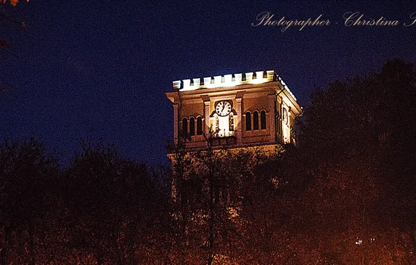 The building, watch, Trees, the sky.